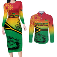 Hapi 44th Indipendens Dei Vanuatu Couples Matching Long Sleeve Bodycon Dress and Long Sleeve Button Shirt Yumi 1980 with Vanuatuan Beach Landscape