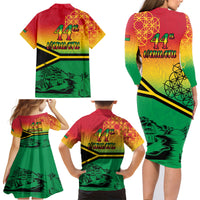 Hapi 44th Indipendens Dei Vanuatu Family Matching Long Sleeve Bodycon Dress and Hawaiian Shirt Yumi 1980 with Vanuatuan Beach Landscape