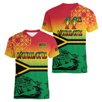 Hapi 44th Indipendens Dei Vanuatu Women V Neck T Shirt Yumi 1980 with Vanuatuan Beach Landscape