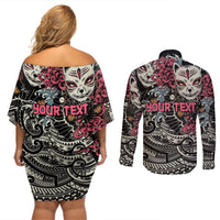 Personalized Japanese Kitsune Mask Couples Matching Off Shoulder Short Dress and Long Sleeve Button Shirt With Polynesian Arty Style