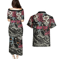 Personalized Japanese Kitsune Mask Couples Matching Puletasi and Hawaiian Shirt With Polynesian Arty Style