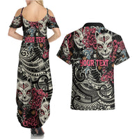 Personalized Japanese Kitsune Mask Couples Matching Summer Maxi Dress and Hawaiian Shirt With Polynesian Arty Style