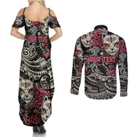 Personalized Japanese Kitsune Mask Couples Matching Summer Maxi Dress and Long Sleeve Button Shirt With Polynesian Arty Style