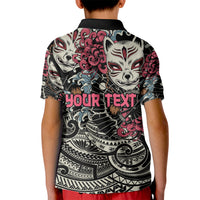 Personalized Japanese Kitsune Mask Kid Polo Shirt With Polynesian Arty Style