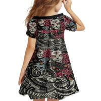Personalized Japanese Kitsune Mask Kid Short Sleeve Dress With Polynesian Arty Style
