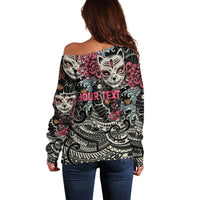 Personalized Japanese Kitsune Mask Off Shoulder Sweater With Polynesian Arty Style