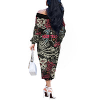Personalized Japanese Kitsune Mask Off The Shoulder Long Sleeve Dress With Polynesian Arty Style