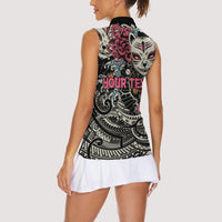 Personalized Japanese Kitsune Mask Women Sleeveless Polo Shirt With Polynesian Arty Style