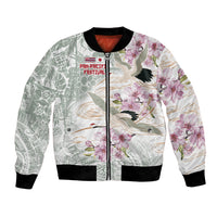Personalized Japanese Shirasagi Bird Bomber Jacket Sakura and Hibiscus Polynesian Pattern