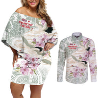 Personalized Japanese Shirasagi Bird Couples Matching Off Shoulder Short Dress and Long Sleeve Button Shirt Sakura and Hibiscus Polynesian Pattern