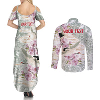 Personalized Japanese Shirasagi Bird Couples Matching Summer Maxi Dress and Long Sleeve Button Shirt Sakura and Hibiscus Polynesian Pattern