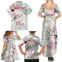 Personalized Japanese Shirasagi Bird Family Matching Summer Maxi Dress and Hawaiian Shirt Sakura and Hibiscus Polynesian Pattern