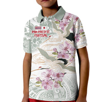 Personalized Japanese Shirasagi Bird Kid Polo Shirt Sakura and Hibiscus Polynesian Pattern