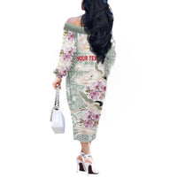 Personalized Japanese Shirasagi Bird Off The Shoulder Long Sleeve Dress Sakura and Hibiscus Polynesian Pattern