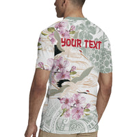 Personalized Japanese Shirasagi Bird Rugby Jersey Sakura and Hibiscus Polynesian Pattern