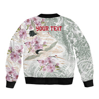 Personalized Japanese Shirasagi Bird Sleeve Zip Bomber Jacket Sakura and Hibiscus Polynesian Pattern