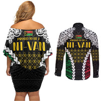 Halo Vanuatu Pride Couples Matching Off Shoulder Short Dress and Long Sleeve Button Shirt Vanuatuan Sand Drawing Pattern