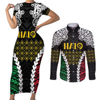 Halo Vanuatu Pride Couples Matching Short Sleeve Bodycon Dress and Long Sleeve Button Shirt Vanuatuan Sand Drawing Pattern