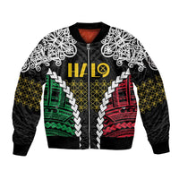 Halo Vanuatu Pride Sleeve Zip Bomber Jacket Vanuatuan Sand Drawing Pattern LT9 Unisex Black - Polynesian Pride