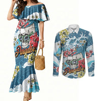 Hawaii Santa Skeleton Surfing Personalized Couples Matching Mermaid Dress and Long Sleeve Button Shirt Mele Kalikimaka i Iulai! LT9 Blue - Polynesian Pride