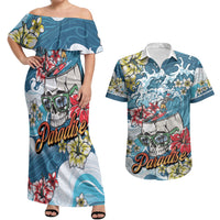 Hawaii Santa Skeleton Surfing Personalized Couples Matching Off Shoulder Maxi Dress and Hawaiian Shirt Mele Kalikimaka i Iulai! LT9 Blue - Polynesian Pride