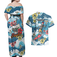 Hawaii Santa Skeleton Surfing Personalized Couples Matching Off Shoulder Maxi Dress and Hawaiian Shirt Mele Kalikimaka i Iulai!