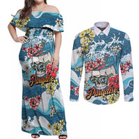 Hawaii Santa Skeleton Surfing Personalized Couples Matching Off Shoulder Maxi Dress and Long Sleeve Button Shirt Mele Kalikimaka i Iulai!