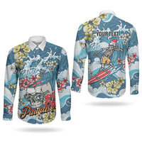 Hawaii Santa Skeleton Surfing Personalized Couples Matching Off Shoulder Short Dress and Long Sleeve Button Shirt Mele Kalikimaka i Iulai! LT9 - Polynesian Pride