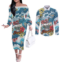 Hawaii Santa Skeleton Surfing Personalized Couples Matching Off The Shoulder Long Sleeve Dress and Long Sleeve Button Shirt Mele Kalikimaka i Iulai!