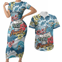 Hawaii Santa Skeleton Surfing Personalized Couples Matching Short Sleeve Bodycon Dress and Hawaiian Shirt Mele Kalikimaka i Iulai! LT9 Blue - Polynesian Pride