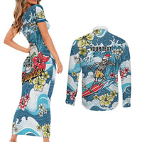 Hawaii Santa Skeleton Surfing Personalized Couples Matching Short Sleeve Bodycon Dress and Long Sleeve Button Shirt Mele Kalikimaka i Iulai!