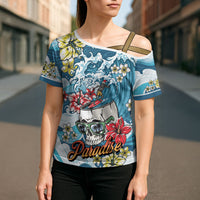 Hawaii Santa Skeleton Surfing Personalized Cross Shoulder Shirt Mele Kalikimaka i Iulai!