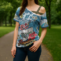 Hawaii Santa Skeleton Surfing Personalized Cross Shoulder Shirt Mele Kalikimaka i Iulai!