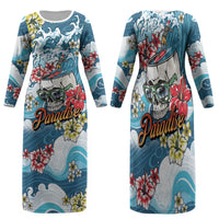 Hawaii Santa Skeleton Surfing Personalized Family Matching Long Sleeve Bodycon Dress and Hawaiian Shirt Mele Kalikimaka i Iulai! LT9 Mom's Dress Blue - Polynesian Pride