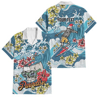 Hawaii Santa Skeleton Surfing Personalized Family Matching Long Sleeve Bodycon Dress and Hawaiian Shirt Mele Kalikimaka i Iulai! LT9 Dad's Shirt - Short Sleeve Blue - Polynesian Pride