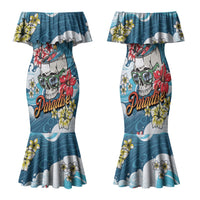 Hawaii Santa Skeleton Surfing Personalized Family Matching Mermaid Dress and Hawaiian Shirt Mele Kalikimaka i Iulai! LT9 Mom's Dress Blue - Polynesian Pride
