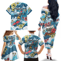 Hawaii Santa Skeleton Surfing Personalized Family Matching Off The Shoulder Long Sleeve Dress and Hawaiian Shirt Mele Kalikimaka i Iulai! LT9 Mom's Dress Blue - Polynesian Pride