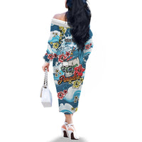 Hawaii Santa Skeleton Surfing Personalized Family Matching Off The Shoulder Long Sleeve Dress and Hawaiian Shirt Mele Kalikimaka i Iulai!