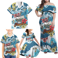 Hawaii Santa Skeleton Surfing Personalized Family Matching Off Shoulder Maxi Dress and Hawaiian Shirt Mele Kalikimaka i Iulai!