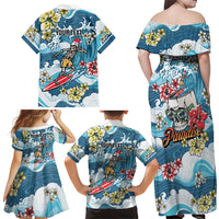 Hawaii Santa Skeleton Surfing Personalized Family Matching Off Shoulder Maxi Dress and Hawaiian Shirt Mele Kalikimaka i Iulai! LT9 Mom's Dress Blue - Polynesian Pride