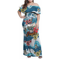 Hawaii Santa Skeleton Surfing Personalized Family Matching Off Shoulder Maxi Dress and Hawaiian Shirt Mele Kalikimaka i Iulai!