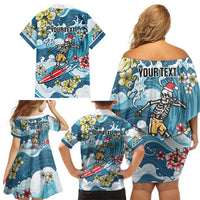 Hawaii Santa Skeleton Surfing Personalized Family Matching Off Shoulder Short Dress and Hawaiian Shirt Mele Kalikimaka i Iulai! LT9 Mom's Dress Blue - Polynesian Pride