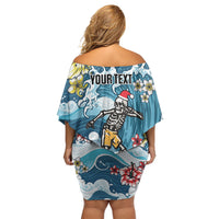 Hawaii Santa Skeleton Surfing Personalized Family Matching Off Shoulder Short Dress and Hawaiian Shirt Mele Kalikimaka i Iulai!