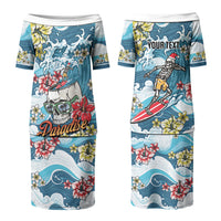 Hawaii Santa Skeleton Surfing Personalized Family Matching Puletasi and Hawaiian Shirt Mele Kalikimaka i Iulai! LT9 Mom's Dress Blue - Polynesian Pride