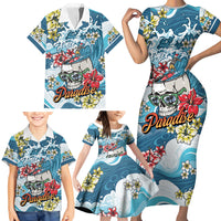Hawaii Santa Skeleton Surfing Personalized Family Matching Short Sleeve Bodycon Dress and Hawaiian Shirt Mele Kalikimaka i Iulai!
