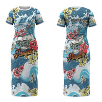 Hawaii Santa Skeleton Surfing Personalized Family Matching Short Sleeve Bodycon Dress and Hawaiian Shirt Mele Kalikimaka i Iulai! LT9 Mom's Dress Blue - Polynesian Pride
