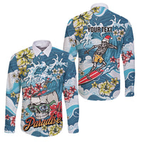 Hawaii Santa Skeleton Surfing Personalized Family Matching Short Sleeve Bodycon Dress and Hawaiian Shirt Mele Kalikimaka i Iulai! LT9 Dad's Shirt - Long Sleeve Blue - Polynesian Pride
