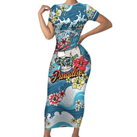 Hawaii Santa Skeleton Surfing Personalized Family Matching Short Sleeve Bodycon Dress and Hawaiian Shirt Mele Kalikimaka i Iulai!