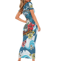 Hawaii Santa Skeleton Surfing Personalized Family Matching Short Sleeve Bodycon Dress and Hawaiian Shirt Mele Kalikimaka i Iulai!
