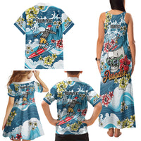 Hawaii Santa Skeleton Surfing Personalized Family Matching Tank Maxi Dress and Hawaiian Shirt Mele Kalikimaka i Iulai!